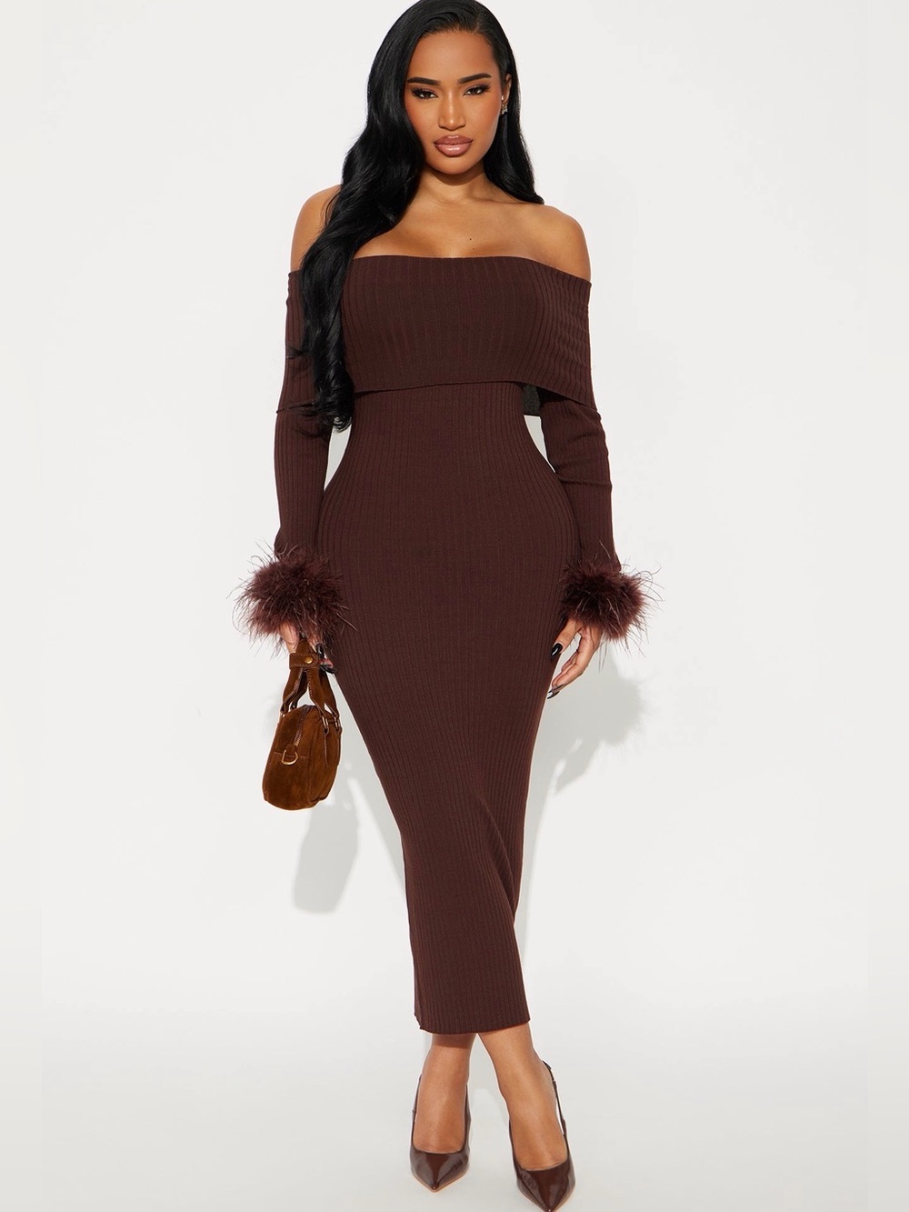 Fashion Nova One-Shoulder Feather Cuff Midi Dress in Brown XL